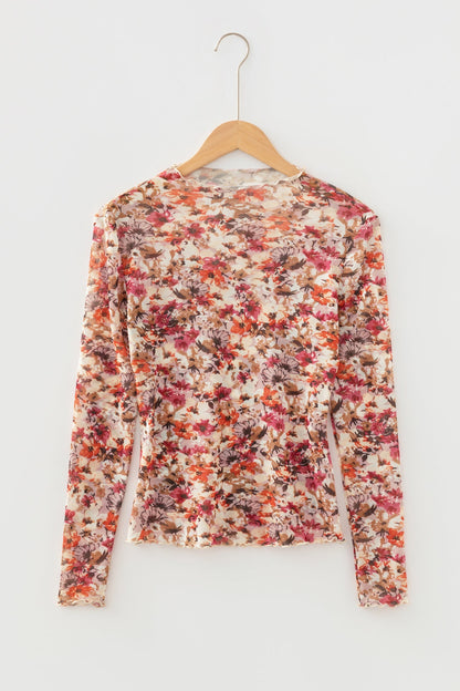Threaded Pear Virginia Floral Print Mesh Long Sleeve Top