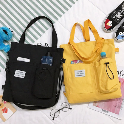Harajuku Style Canvas Handbag for Students | Multi-Pocket Preppy Backpack & Shoulder Bag | Kawaii Schoolbag for Women | Large Capacity Versatile Tote for College & Travel