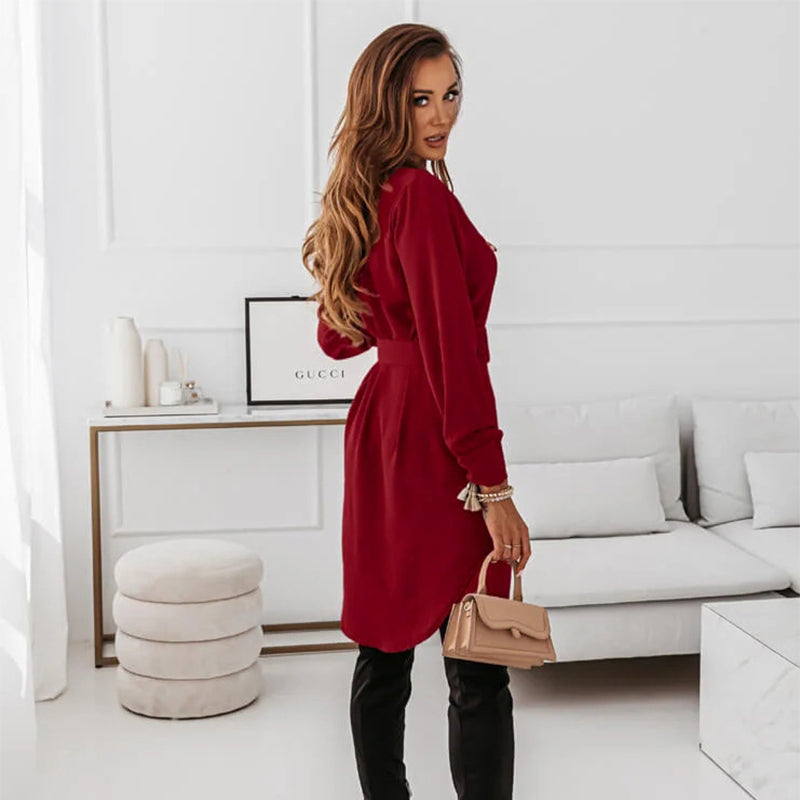 Lapel Long-sleeved Dress With Belt Fashion Elegant Button-do0wn Shirt Dresses For Women