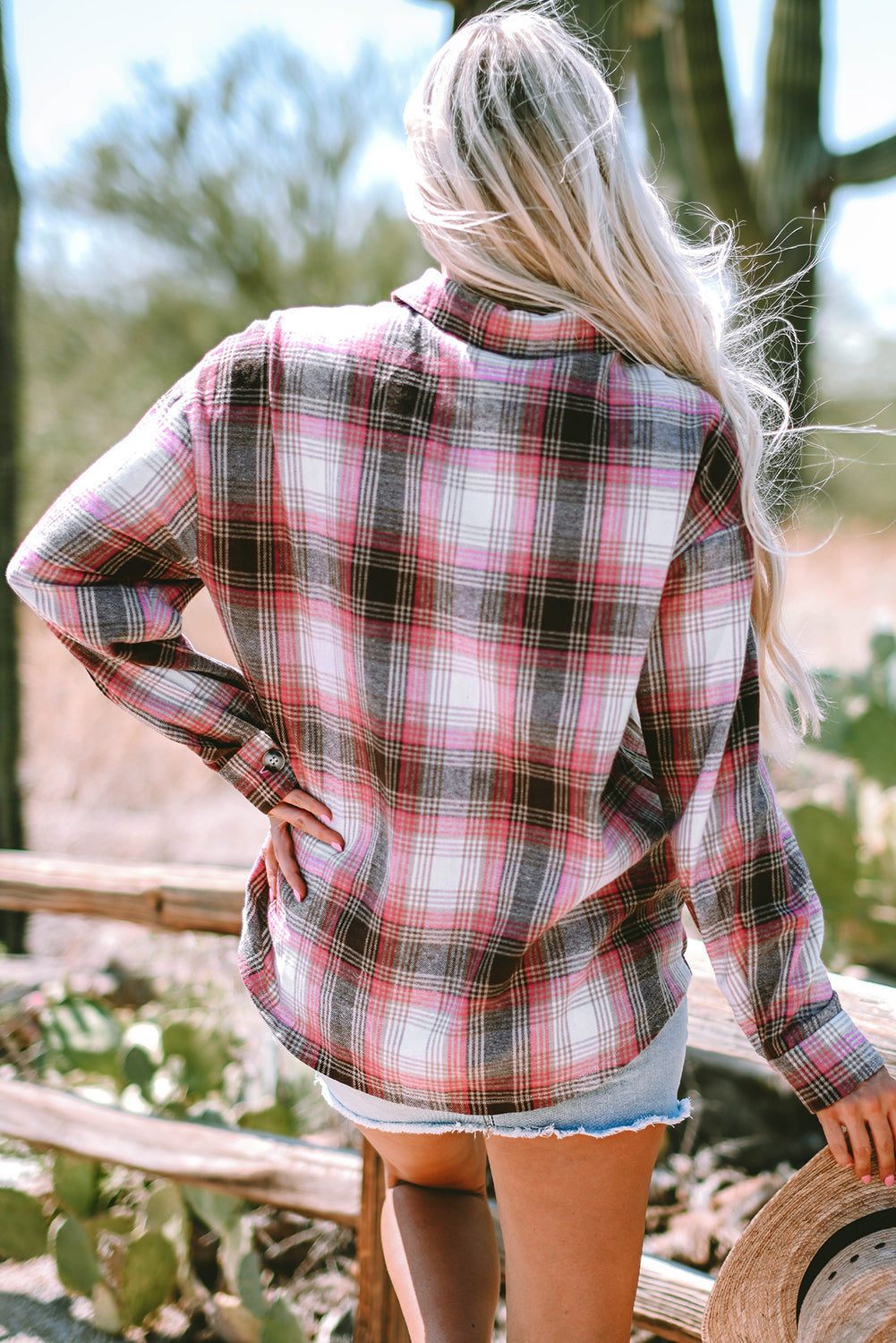 Threaded Pear Harper Plaid Flap Up Shacket
