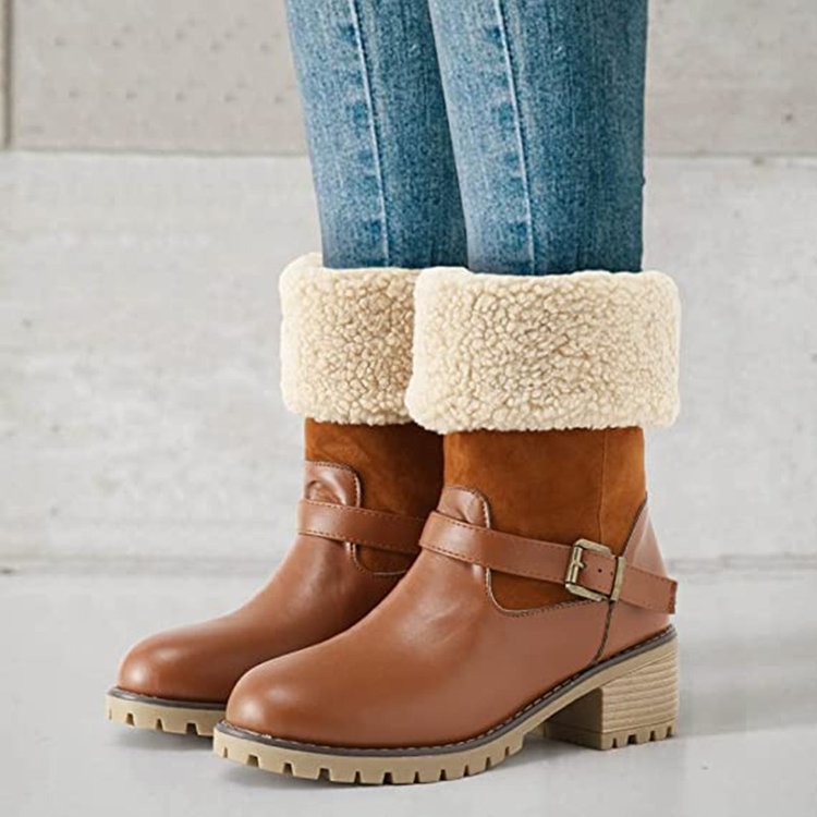 Women’s Fashion Buckle Western Boots | High-Sense Chunky Heel Winter Shoes | Trendy Minimalist Round Toe Warm Boots | Luxury-Label Statuesque Outdoor Wear | 2026 High-Fashion Radiant Cold-Weather Essential