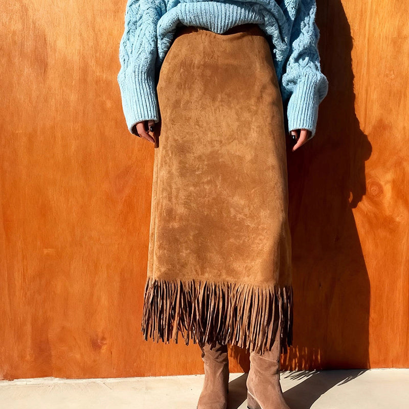 Women’s A-Line Fringe Hem Midi Skirt | Elegant Solid Color Versatile Skirt | Modern High-Waisted Casual Party Skirt | Trendy Fringed Hemline A-Line Bottoms | 2026 High-Sense Fashion Midi Skirt