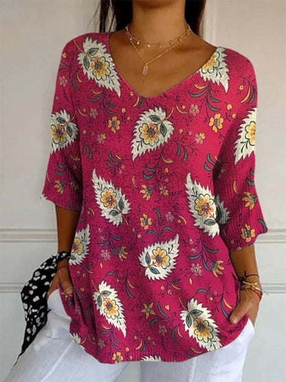 Women’s Elegant Retro Floral Print V-Neck Top | High-Sense Casual Long Sleeve Blouse | Trendy Minimalist Vintage-Style Top | Luxury-Label Statuesque Spring Wear | 2026 High-Fashion Radiant Urban Essential