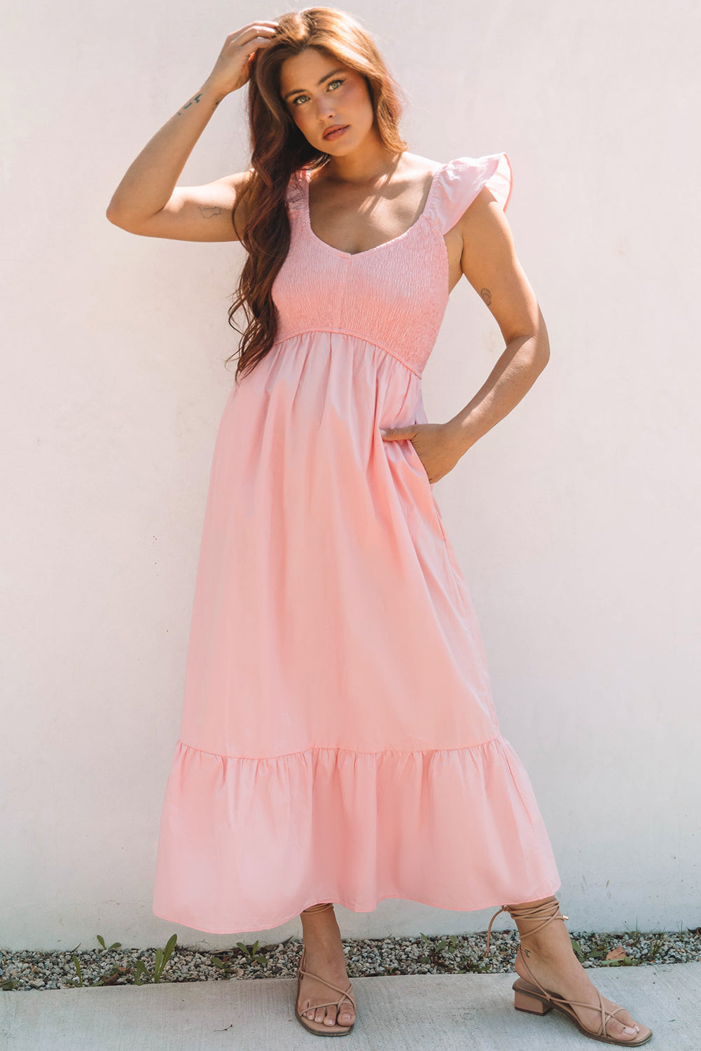 Threaded Pear Ashlyn Flutter Sleeve Smocked Bodice Maxi Dress