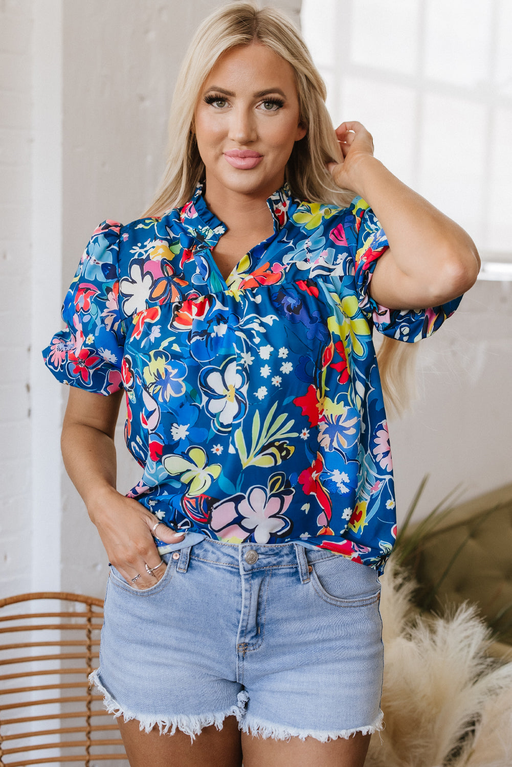 Threaded Pear Ainara Flower Puff Short Sleeve Loose Blouse
