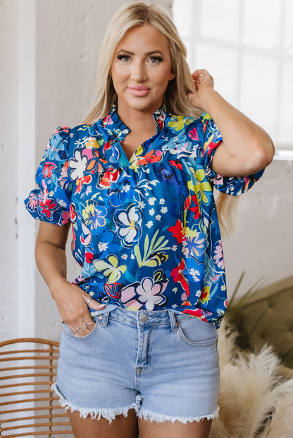 Threaded Pear Ainara Flower Puff Short Sleeve Loose Blouse