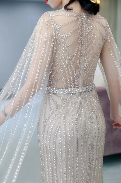 Elegant Fishtail Zipper Floating Sleeve Long Dress | Sophisticated Mermaid Host Gown | High-Sense Evening Party Dress | Luxury Flare Sleeve Formal Gown for Women