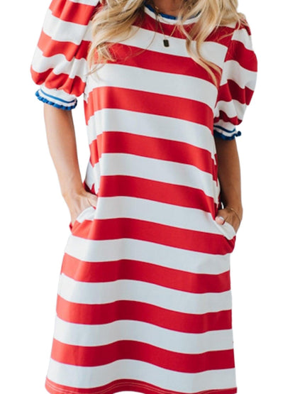 Womens Stripe Contrast Trim Dresses Casual Fashion Summer Shift Mini Dress Striped