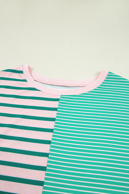 Threaded Pear Green Stripe Color Block Exposed Seam Side Slit Plus Size Sweatshirt