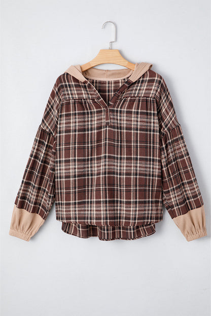 Threaded Pear Lauren Plaid Patchwork Long Sleeve Hooded Top