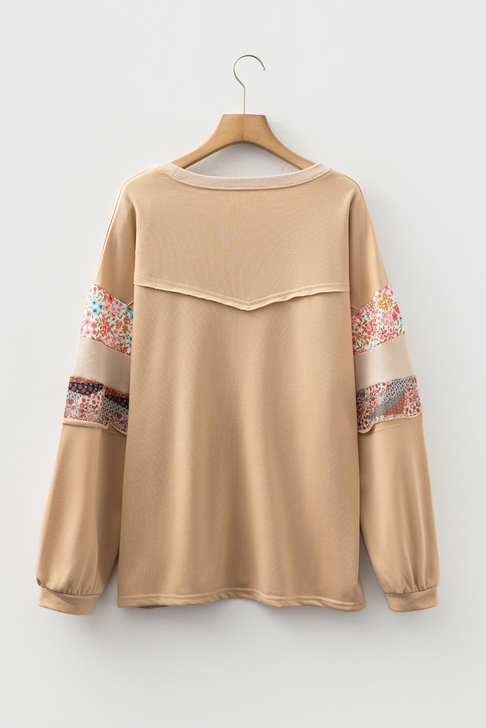 Threaded Pear Khaki Exposed Seam Floral Mixed Patchwork Relaxed Plus Size Top