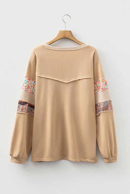 Threaded Pear Khaki Exposed Seam Floral Mixed Patchwork Relaxed Plus Size Top