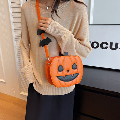 Halloween Funny Pumpkin Crossbody Bag | Creative Cartoon Pumpkin Purse with Bat Wings | Personalized Fall Festival Shoulder Bag | Whimsical Holiday Party Bag for Women & Teens