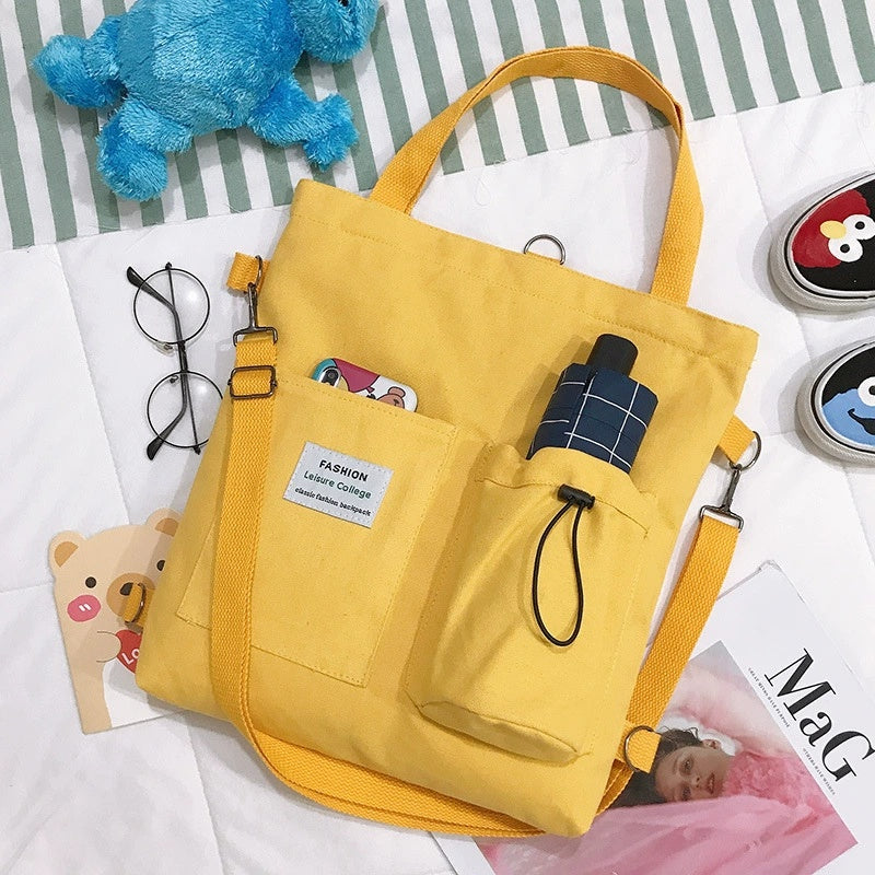 Harajuku Style Canvas Handbag for Students | Multi-Pocket Preppy Backpack & Shoulder Bag | Kawaii Schoolbag for Women | Large Capacity Versatile Tote for College & Travel