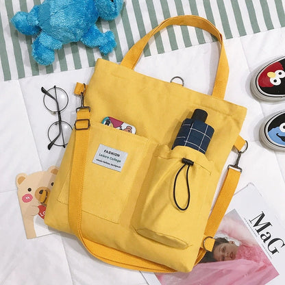 Harajuku Style Canvas Handbag for Students | Multi-Pocket Preppy Backpack & Shoulder Bag | Kawaii Schoolbag for Women | Large Capacity Versatile Tote for College & Travel