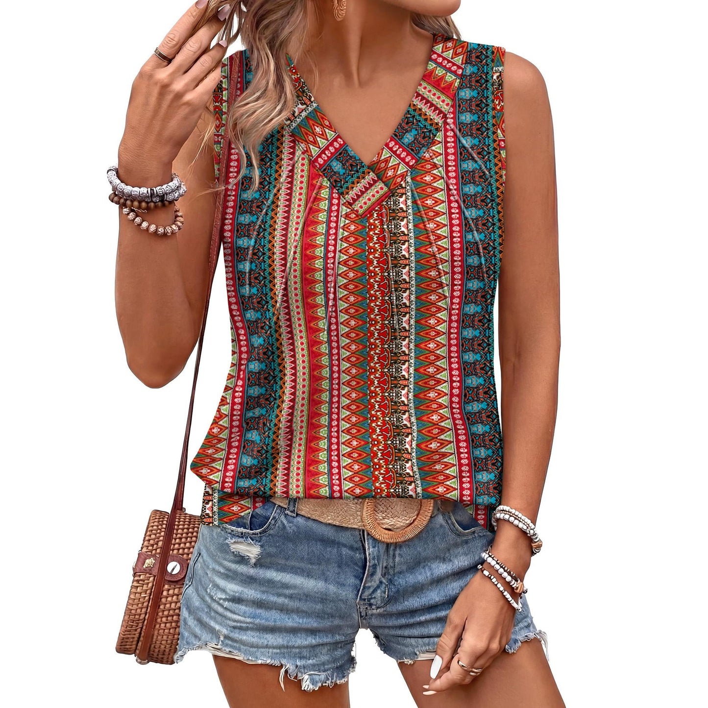 Women's Floral Print V-Neck Ruched Tank Top