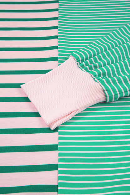 Threaded Pear Green Stripe Color Block Exposed Seam Side Slit Plus Size Sweatshirt