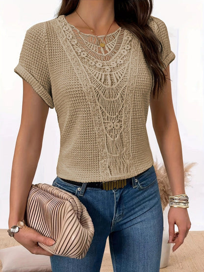 Women’s Summer Hollow-Out T-Shirt | Fashion Ethnic Style Short-Sleeved Top | Elegant Embroidered Lace Knit Blouse | Trendy Minimalist Breathable Summer Clothing | 2026 High-Fashion Artisan Ethnic Top