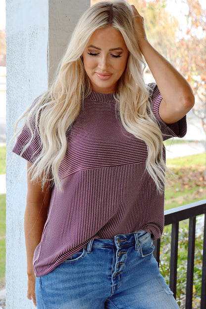 Threaded Pear Alessandra Plain Corded Knit Mock Neck T Shirt