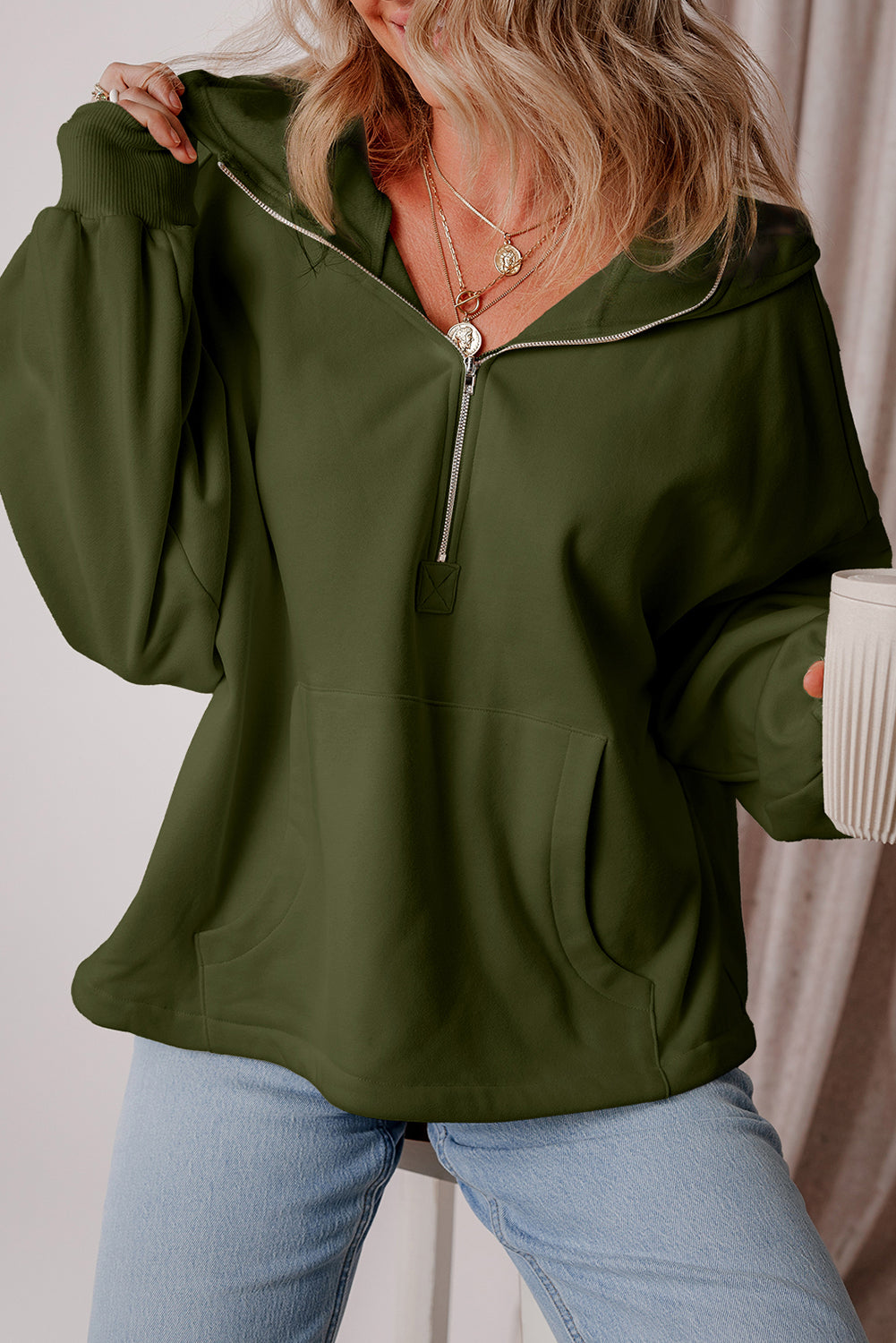 Threaded Pear Kate Fleece Lined Half Zipper Kangaroo Pockets Loose Hoodie