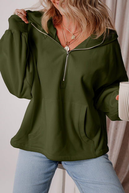 Threaded Pear Kate Fleece Lined Half Zipper Kangaroo Pockets Loose Hoodie