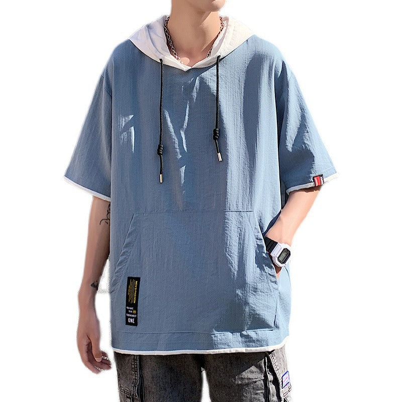Men’s Loose-Fitting Mock Two-Piece Shirt | Trendy Double-Layer Short Sleeve Top | Urban Streetwear Relaxed Fit Casual Shirt | Modern Contrast Layered Aesthetic Shirt for Men