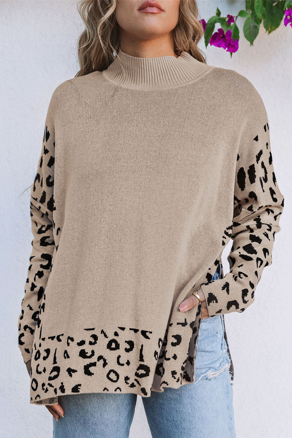 Threaded Pear Sarai Leopard High Neck Side Slit Oversized Sweater