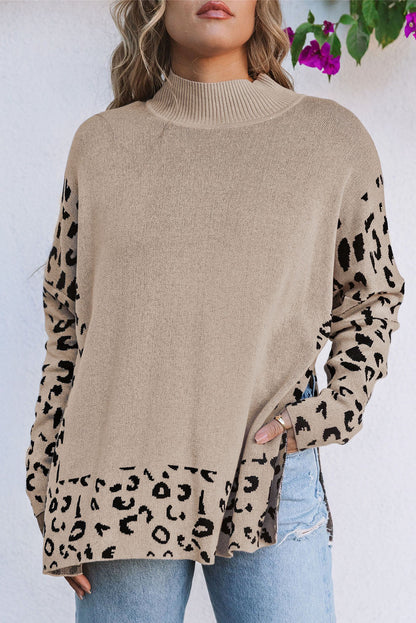 Threaded Pear Sarai Leopard High Neck Side Slit Oversized Sweater