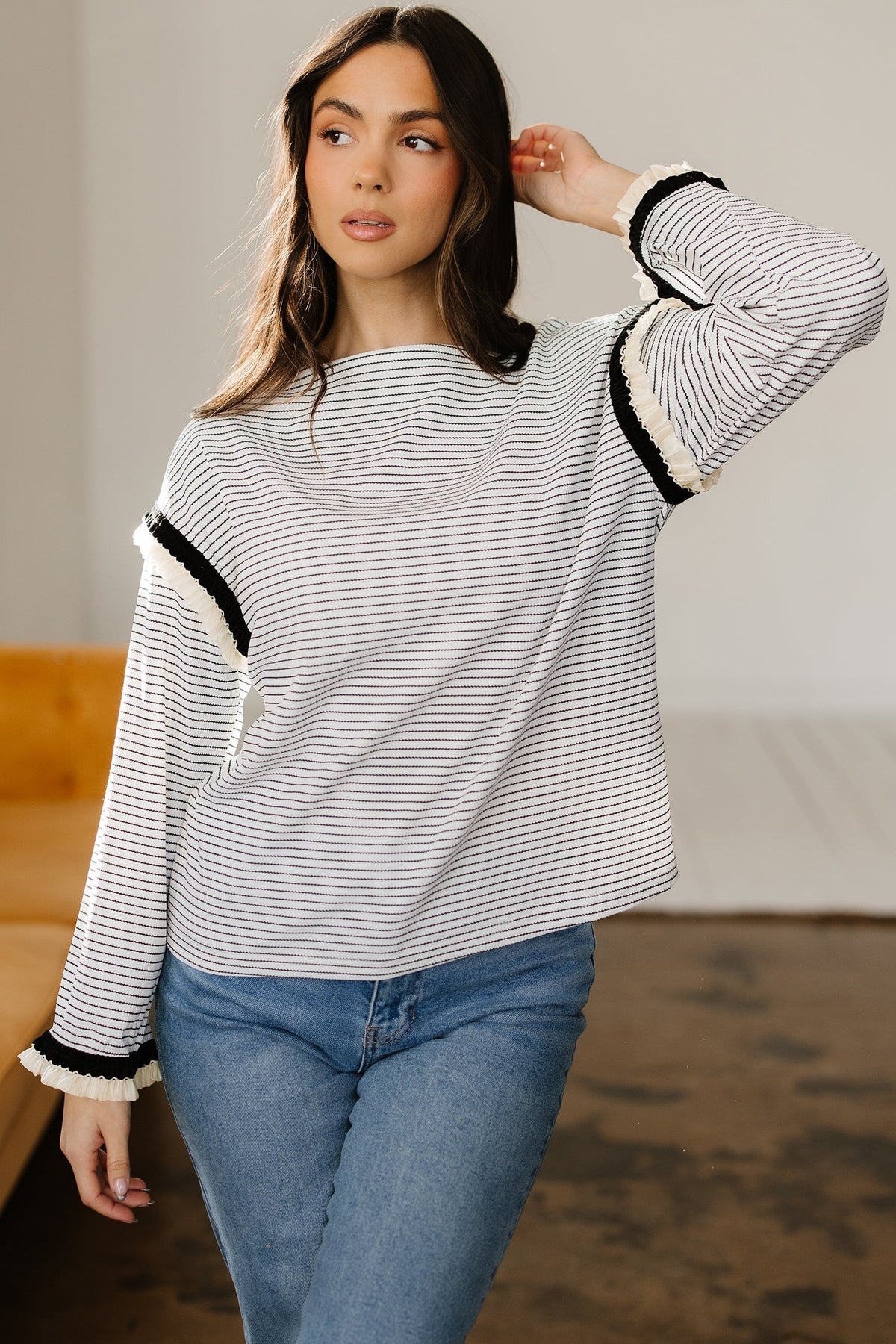 Threaded Pear Anya Ruffle Trim Loose Long Sleeve Top