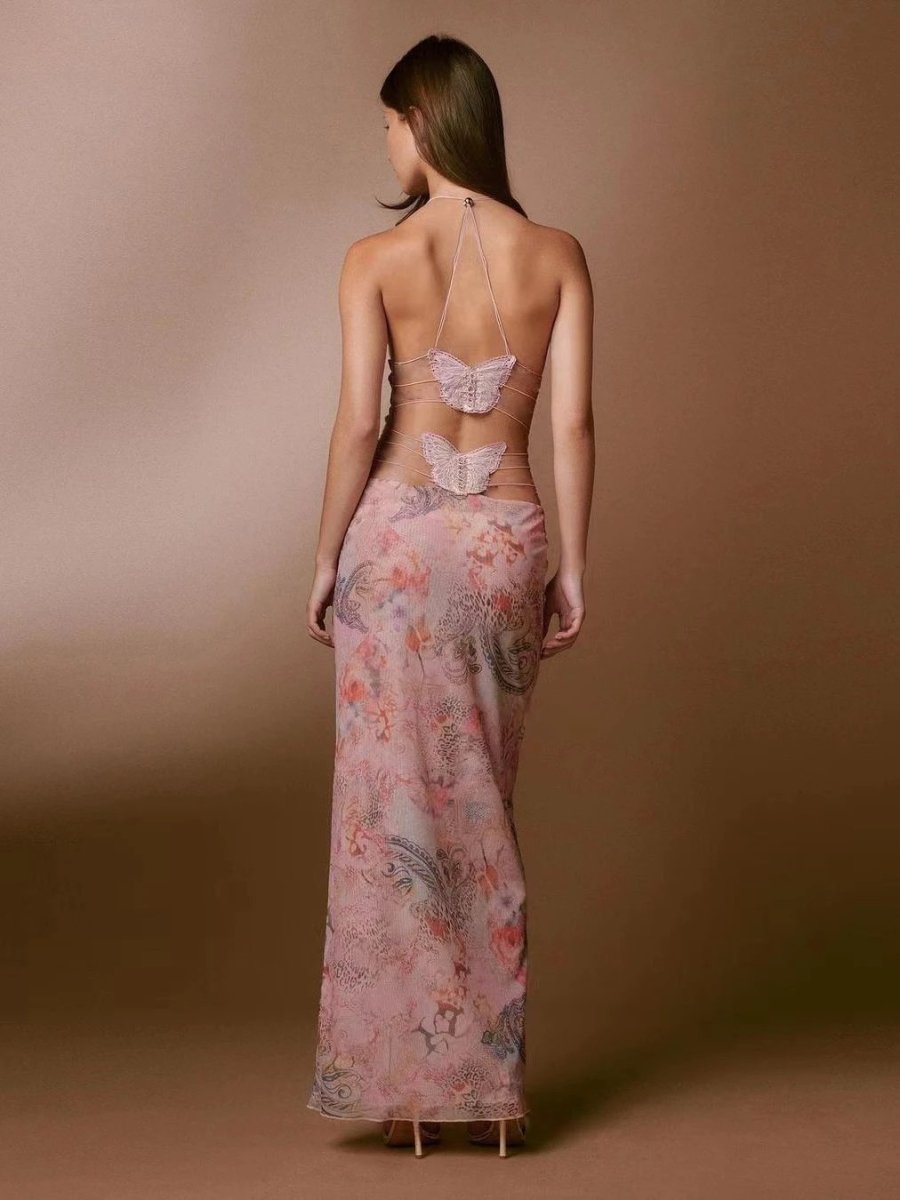 Floral Print Halter Dress - Sexy Butterfly Back Spaghetti Straps
