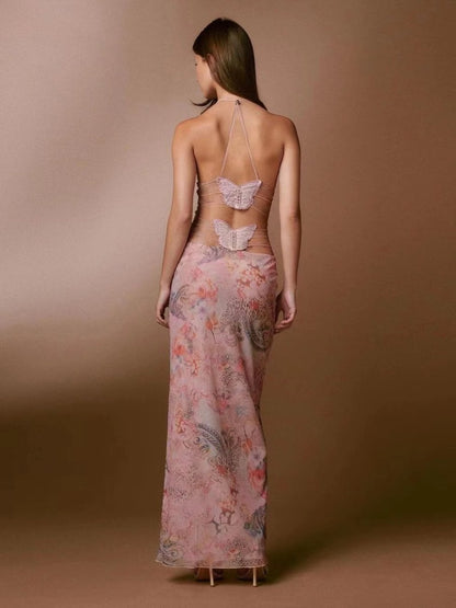 Floral Print Halter Dress - Sexy Butterfly Back Spaghetti Straps