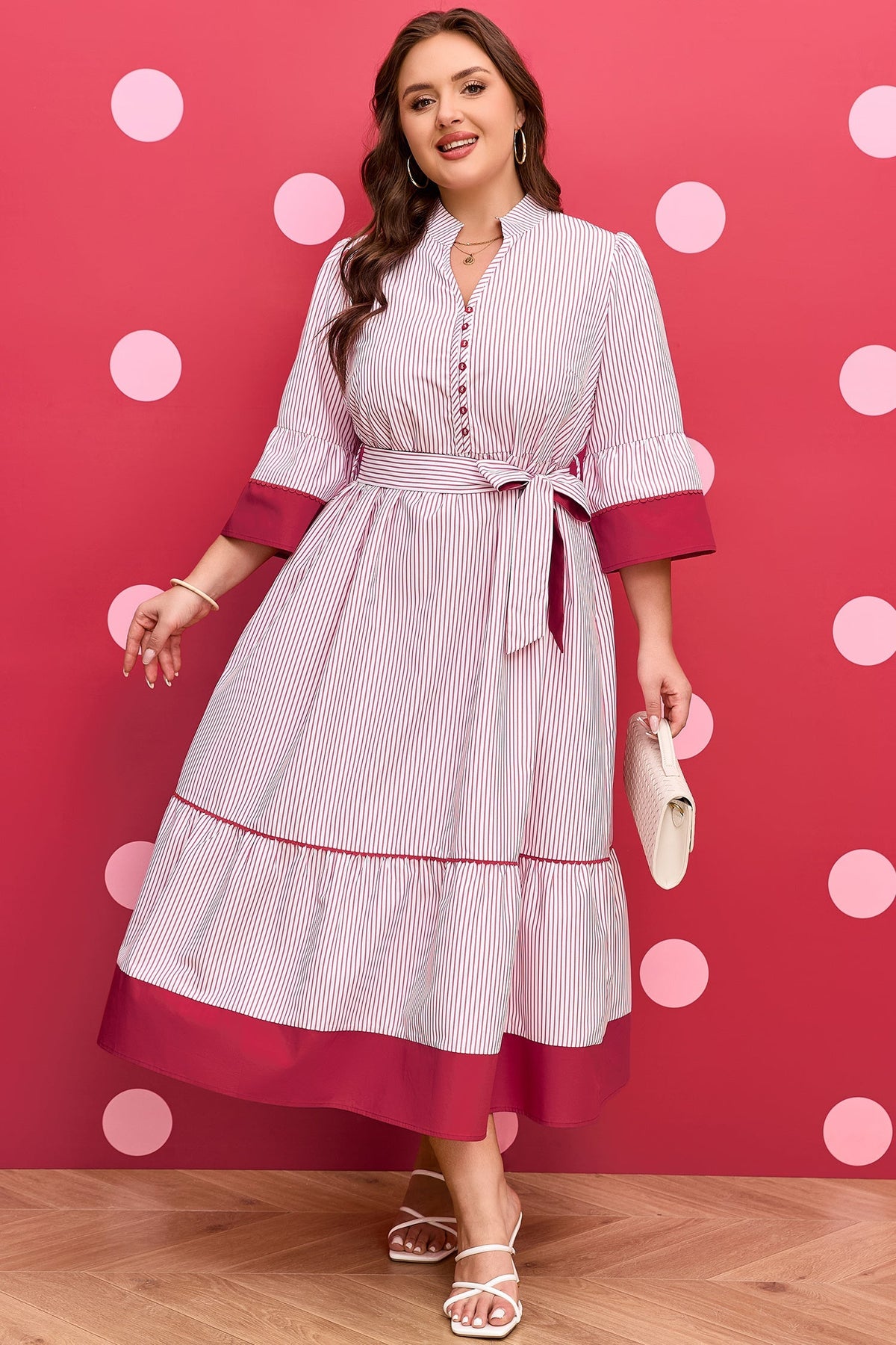 Threaded Pear Charlee Hem Pinstriped Midi PLUS Dress