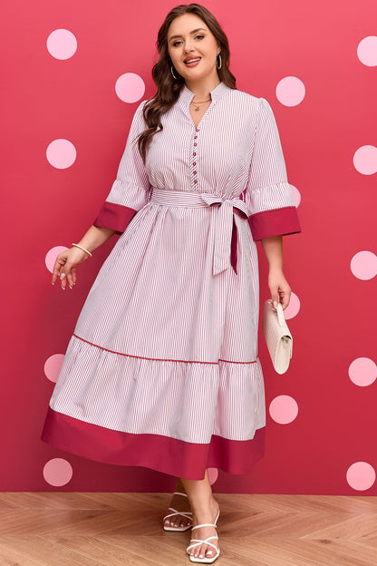 Threaded Pear Charlee Hem Pinstriped Midi PLUS Dress