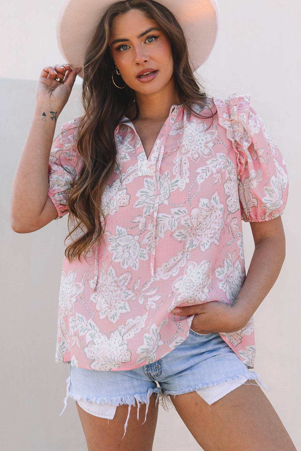 Threaded Pear Cattleya Floral Drawstring V Neck Puff Sleeve Loose Blouse