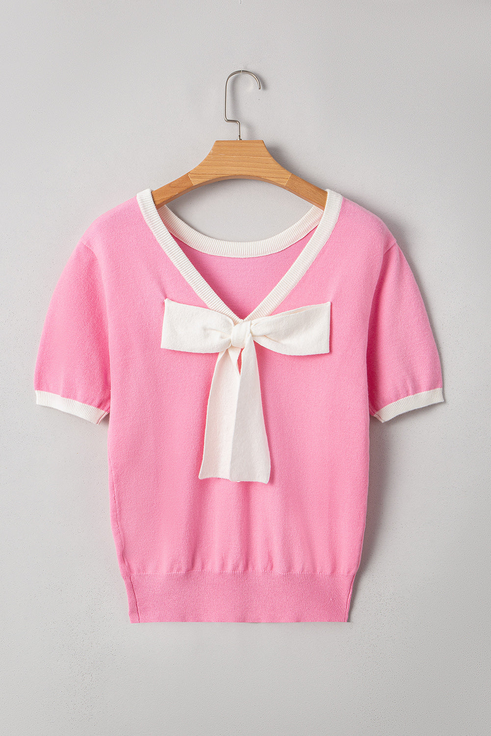 Threaded Pear Mercy Bow V-Shape Cut Back Short Sleeve Sweater