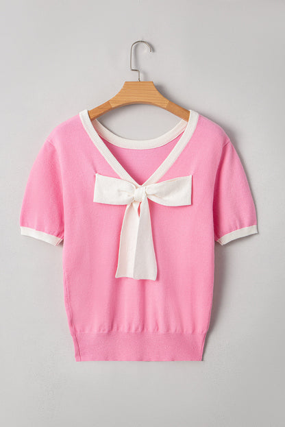 Threaded Pear Mercy Bow V-Shape Cut Back Short Sleeve Sweater