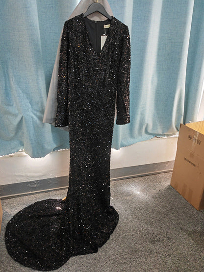 Grey Long Sleeve Sequin Evening Dress | Elegant Floor-Length Mermaid Gown | Sparkling Silver-Grey Formal Party Dress | Sophisticated Slim Fit Red Carpet Sequin Gown