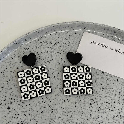 Black Acrylic Heart & Flower Earrings