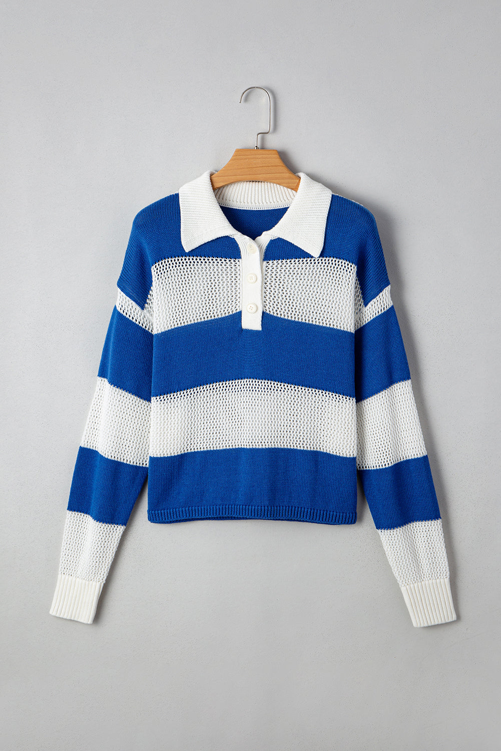 Threaded Pear Genevieve Stripe Collar Eyelet Crochet Knitted Sweater