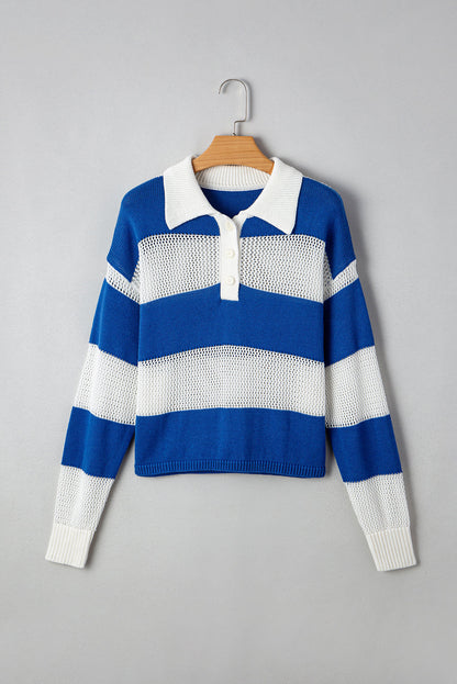 Threaded Pear Genevieve Stripe Collar Eyelet Crochet Knitted Sweater