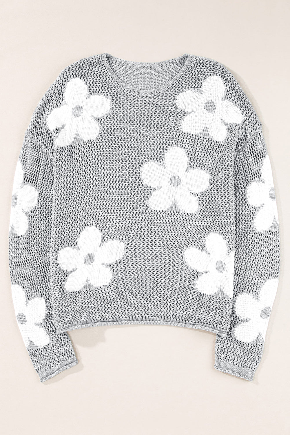 Threaded Pear Dulce Big Flower Hollowed Knit Drop Shoulder Sweater