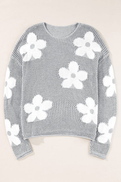 Threaded Pear Dulce Big Flower Hollowed Knit Drop Shoulder Sweater