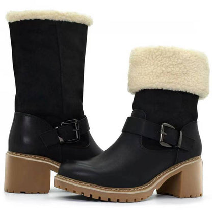 Women’s Fashion Buckle Western Boots | High-Sense Chunky Heel Winter Shoes | Trendy Minimalist Round Toe Warm Boots | Luxury-Label Statuesque Outdoor Wear | 2026 High-Fashion Radiant Cold-Weather Essential