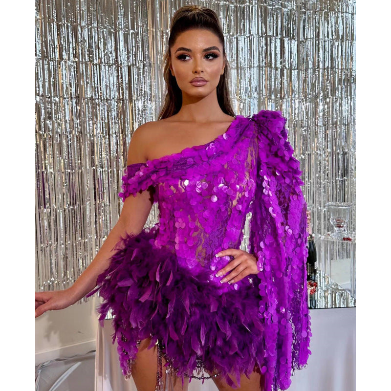Purple Sequined Feather Skirt Dress | High-Sense One-Shoulder Luxury Party Dress | Trendy Minimalist Stage Performance Gown | Luxury-Label Asymmetrical Short Dress | 2026 High-Fashion Statuesque Sequin Outfit