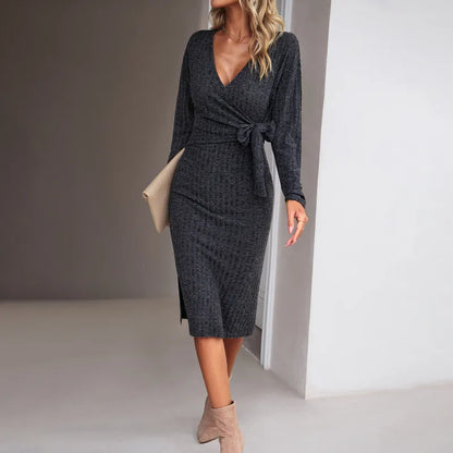 Elegant Style V-neck Solid Color Bandage Regular Sleeve Mid Dresses Light Gray