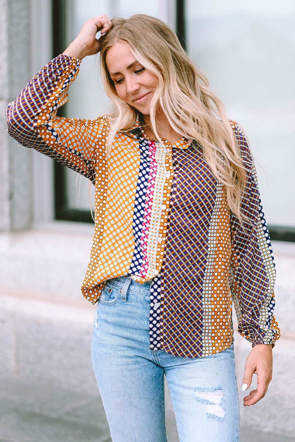 Threaded Pear Brown Dot Print Long Sleeve Button Down Shift PLUS Shirt