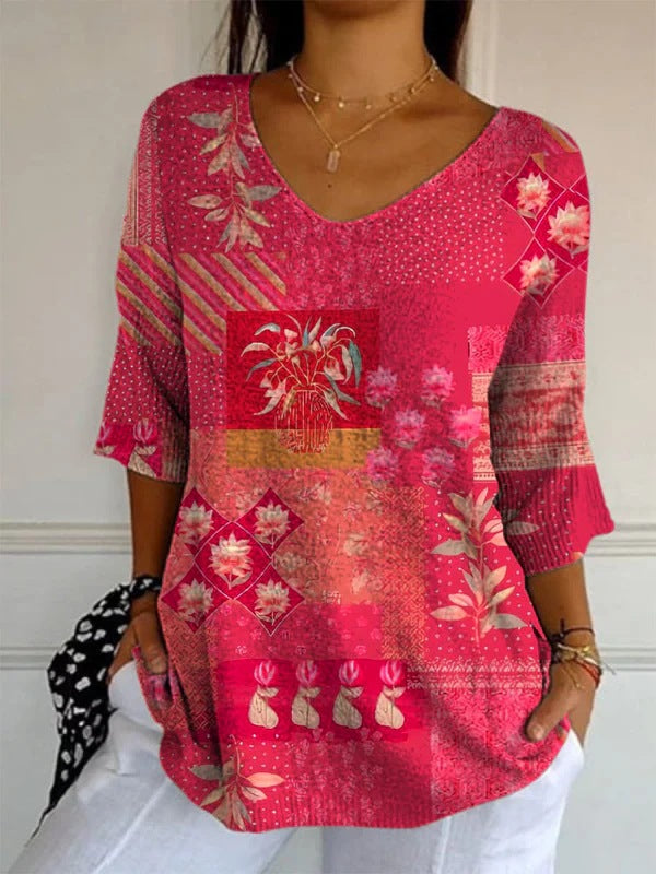 Women’s Elegant Retro Floral Print V-Neck Top | High-Sense Casual Long Sleeve Blouse | Trendy Minimalist Vintage-Style Top | Luxury-Label Statuesque Spring Wear | 2026 High-Fashion Radiant Urban Essential
