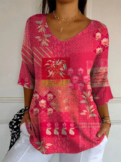 Women’s Elegant Retro Floral Print V-Neck Top | High-Sense Casual Long Sleeve Blouse | Trendy Minimalist Vintage-Style Top | Luxury-Label Statuesque Spring Wear | 2026 High-Fashion Radiant Urban Essential