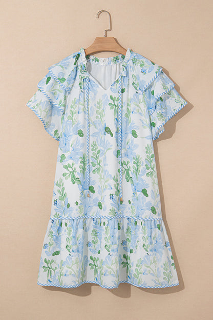 Threaded Pear Madalyn Floral Contrast Edge Layered Short Sleeve Mini Dress
