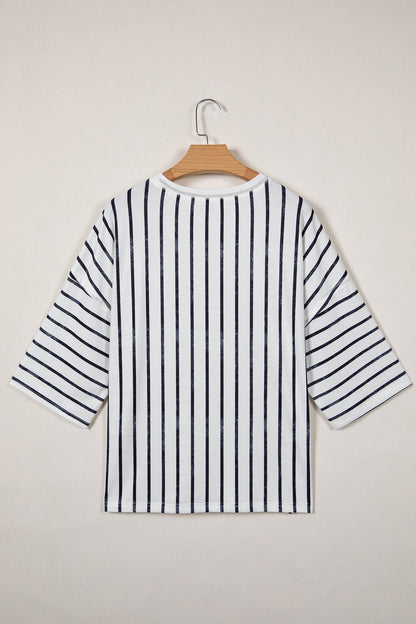 Danna Stripe Colorblock 3/4 Sleeve Loose T Shirt